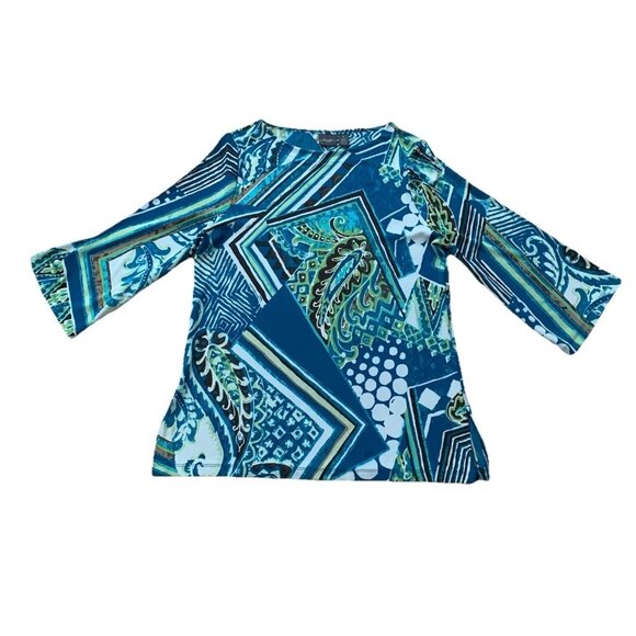 Chico’s Women’s 1 Blue Abstract Print Knit Tunic Top 3/4 Sleeve Size USA 8 - Picture 1 of 10